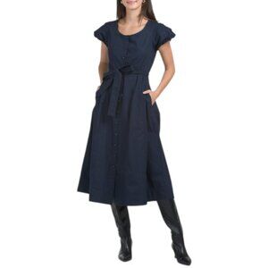 ELIE TAHARI Puff Sleeve Scoop Neck Button Down Midi Dress With Tie Belt